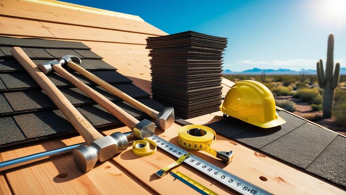 A close-up of roofing tools and equipment neatly arranged on a wooden roof under construction. The image includes hammers, measuring tape, shingles, and a hard hat A close-up of roofing tools and equipment neatly arranged on a wooden roof under construction. The image includes hammers, measuring tape, shingles, and a hard hat