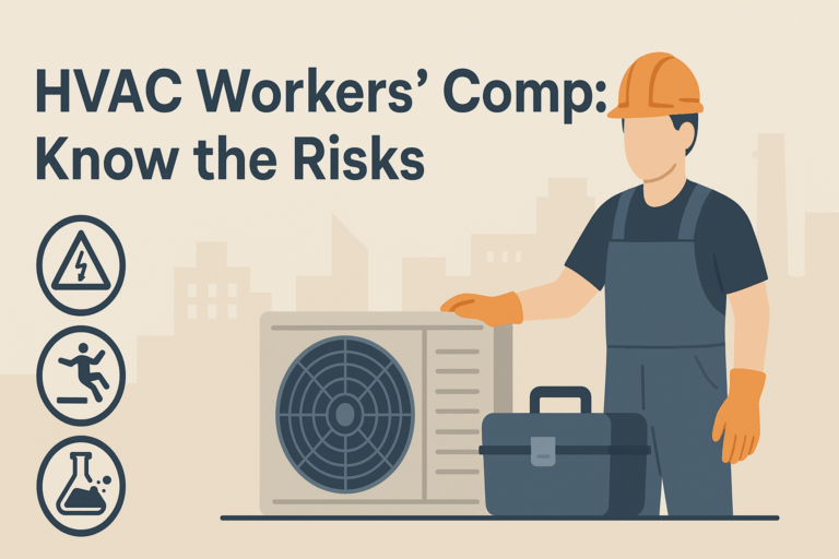 A clean, horizontal flat-design illustration of an HVAC technician wearing a hard hat and safety gloves, standing beside HVAC equipment or a toolbox. Include icons of electrical hazards, falling risks, and chemical exposure. Use a beige or light gray background with subtle industrial or urban elements. Add bold text that says ‘HVAC Workers’ Comp: Know the Risks’ in dark navy or charcoal. Layout should be professional and minimalist, suitable for a blog header, 1200x628 resolution