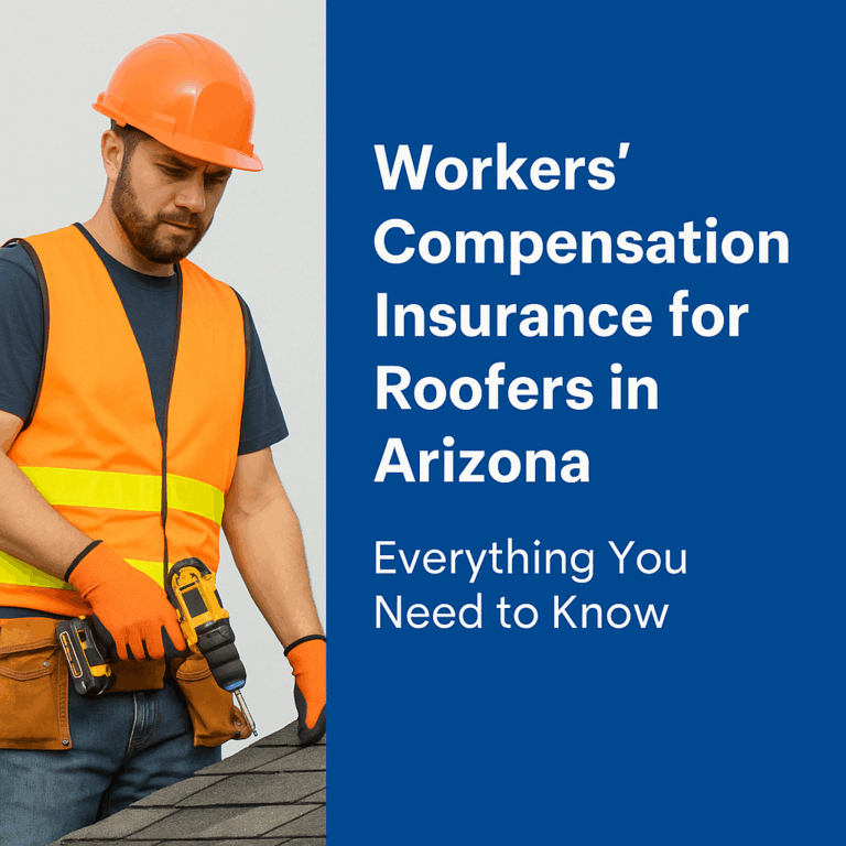 Construction worker in safety gear on a rooftop, next to bold text reading "Workers' Compensation Insurance for Roofers in Arizona – Everything You Need to Know" on a blue background.