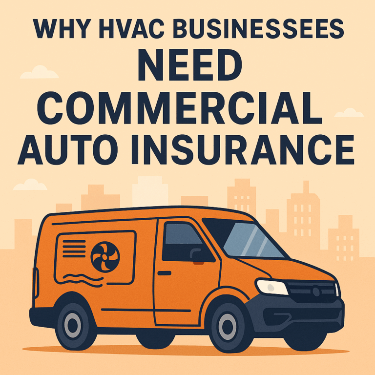 Illustration of an orange HVAC service van with a fan logo parked in front of a cityscape. Bold text above reads “Why HVAC Businesses Need Commercial Auto Insurance.” The design uses warm tones and a clean, flat graphic style to convey professionalism and reliability.