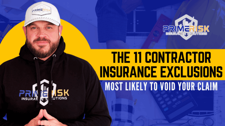 Primer Risk Insurance Solutions highlights the top 11 contractor insurance exclusions that can void claims. Image features a contractor in branded Primer Risk apparel, with bold text reading: "The 11 Contractor Insurance Exclusions Most Likely to Void Your Claim." Background includes construction tools, a hard hat, and blueprint elements representing risk management for contractors.